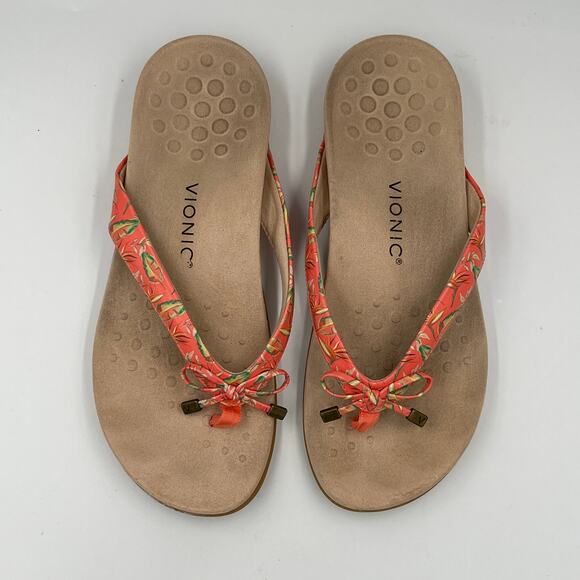 Vionic Bella II Patent Leather Bow Orthotic Flip Flop Sandals Papaya Coral sz 11 - Picture 5 of 8